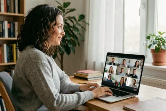 Femme en télétravail participantà une réunion vidéo depuis son bureau à domicile