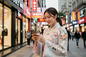 Jeune femme chinoise habillée en tenue moderne inspirée du hanfu faisant du shopping dans un quartier commercial de Pékin