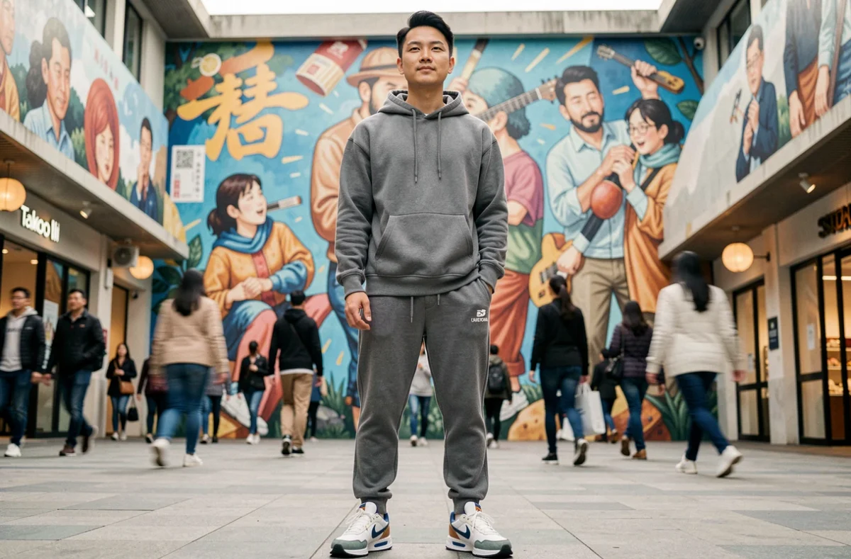 Homme chinois en tenue athleisure tendance posant devant une fresque murale dans le complexe Taikoo Li de Chengdu