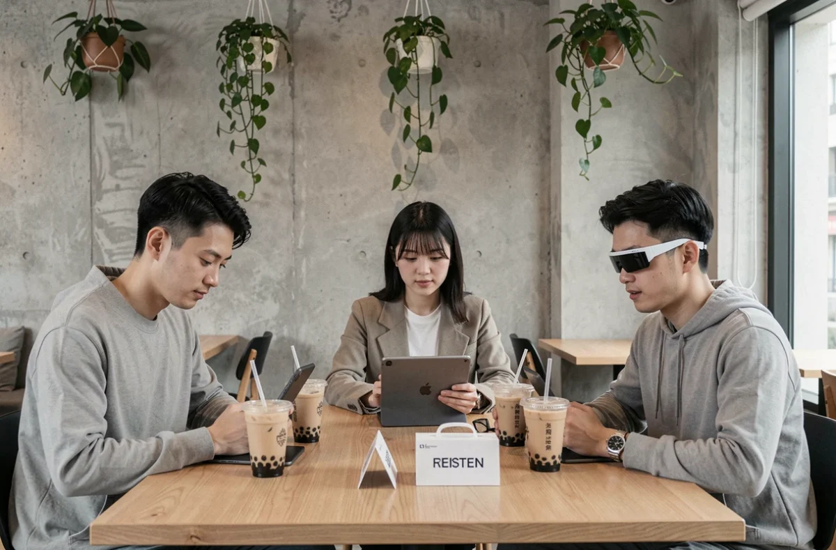 Groupe de jeunes adultes chinois utilisant des appareils high-tech dans un café tendance de Shanghai