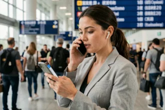 Femme utilisant une application de traduction en direct sur smartphone dans un aéroport international