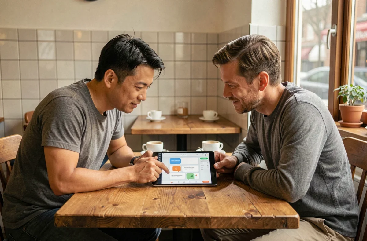 Deux hommes de cultures différentes utilisant une tablette avec traducteur en temps réel dans un café