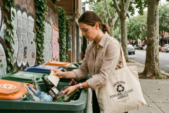 Femme triant des déchets recyclables dans des bacs colorés sur un trottoir urbain pour protéger l'environnement