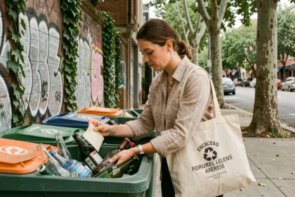 Femme triant des déchets recyclables dans des bacs colorés sur un trottoir urbain pour protéger l'environnement