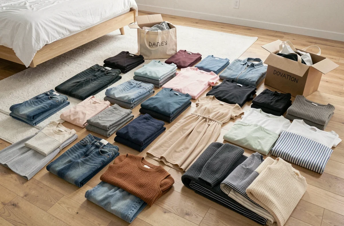 Vêtements triés par catégorie sur le sol d'une chambre minimaliste lors d'un tri de garde-robe avec des sacs de donation