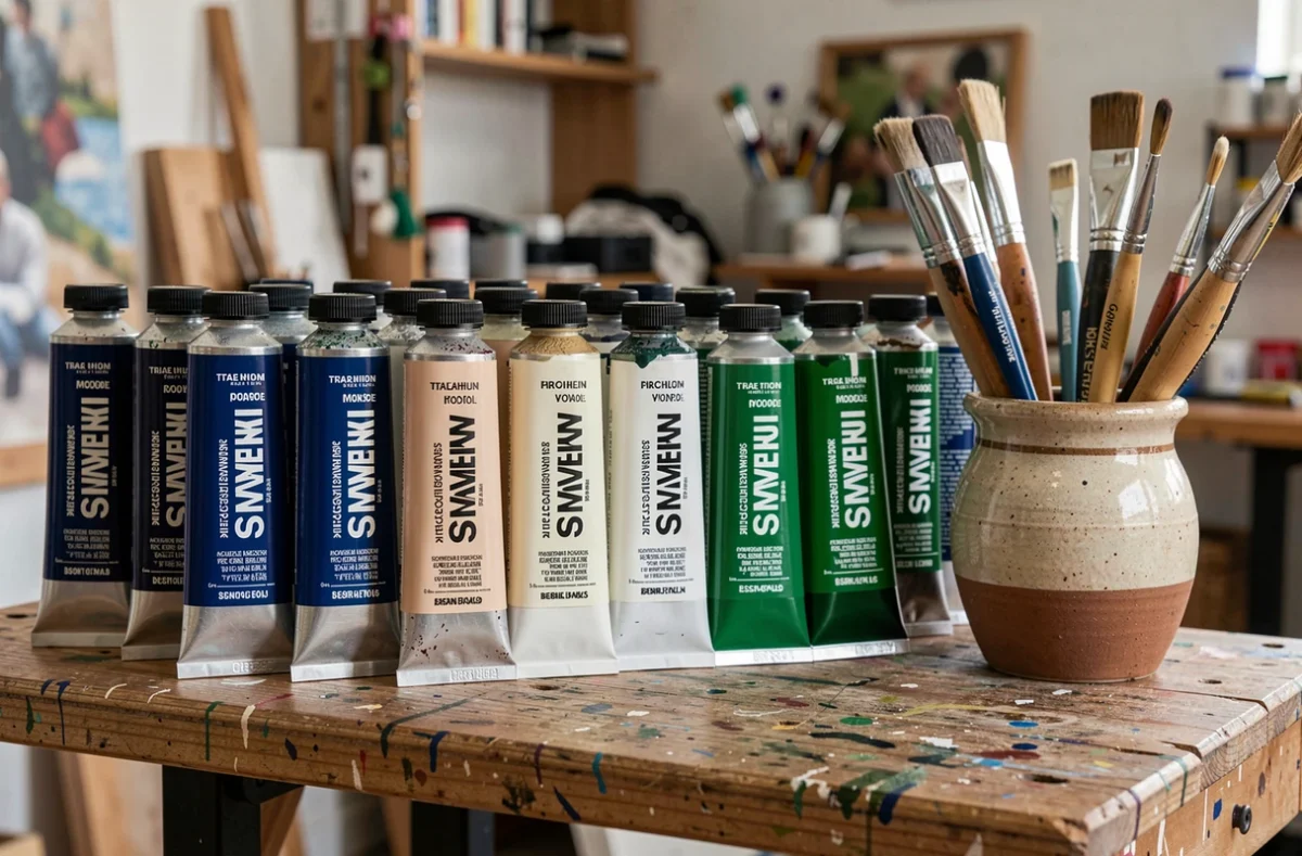 Collection de tubes de peinture professionnelle et pigments en verre sur une étagère en bois dans un atelier de peinture