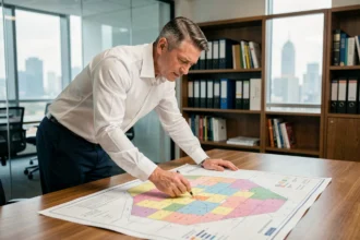 Urbaniste en chemise blanche examinant un plan de zonage coloré sur une table dans un bureau municipal moderne