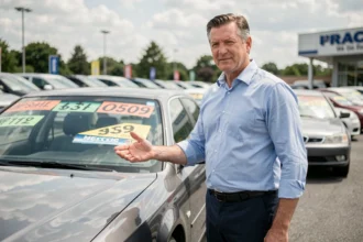Vendeur de voitures d'occasion présentant un véhicule dans un parc automobile en plein air