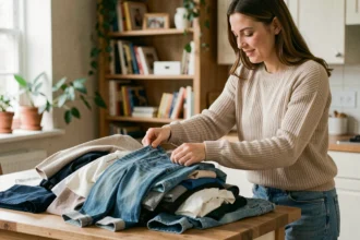 Femme triant des vêtements d'occasion sur une table en bois pour les vendre en ligne