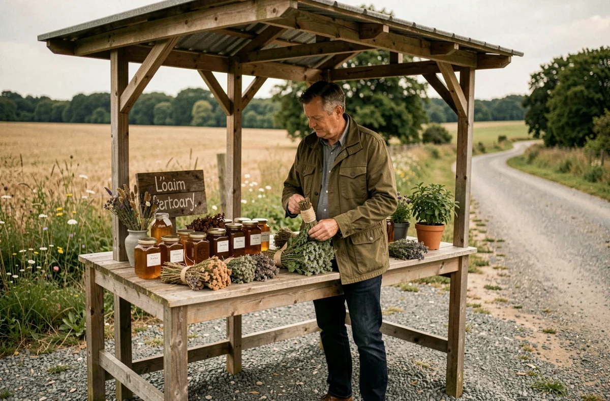 Entrepreneur vendant des produits locaux depuis un étal rustique sur un terrain non constructible en bord de route, illustrant un circuit court et une activité commerciale en zone rurale