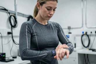 Femme portant un vêtement intelligent avec fils conducteurs intégrés dans un laboratoire de recherche textile