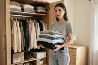 Femme devant une armoire ouverte pleine de vêtements, tenant une pile de tenues à trier pour vider sa garde-robe