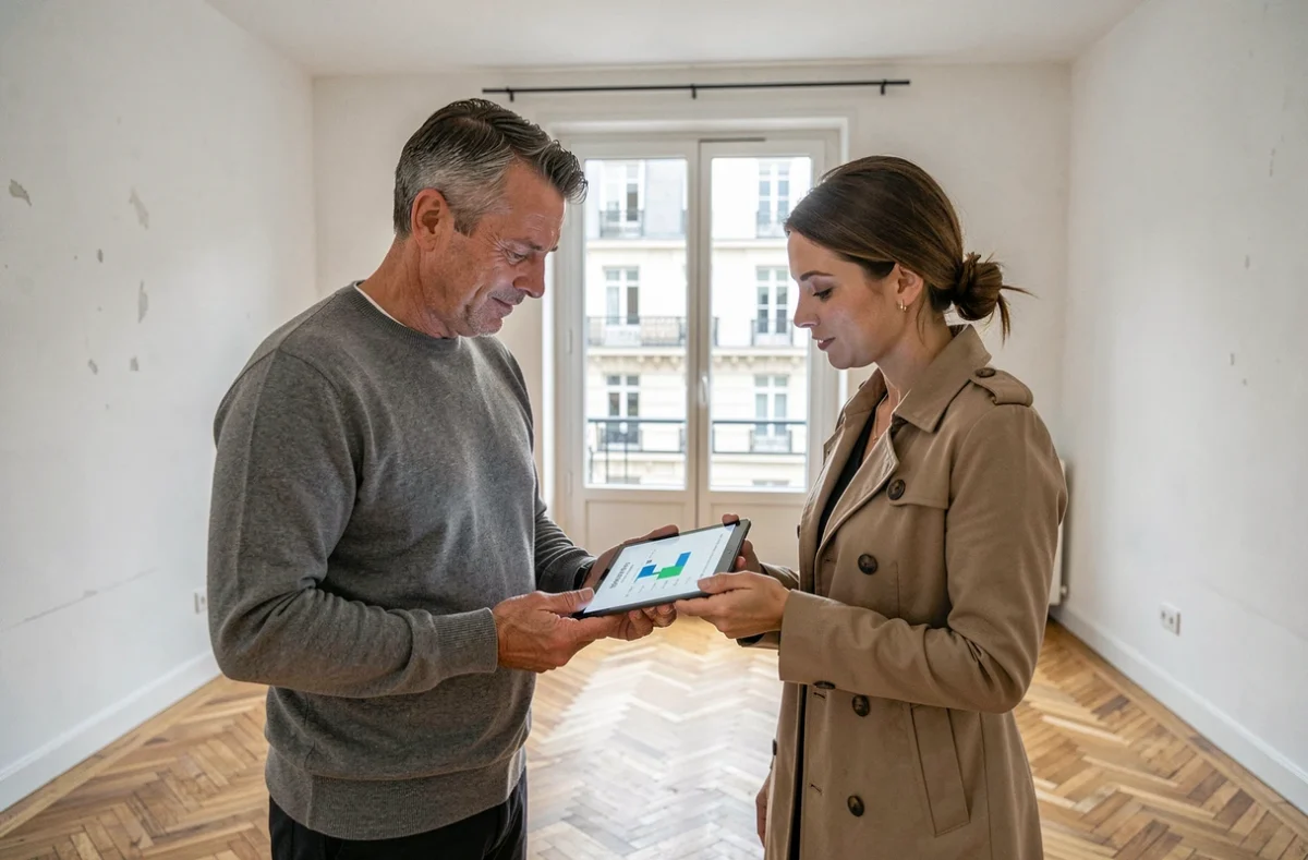 Propriétaire et évaluatrice immobilière consultant un rapport de valorisation sur tablette lors d'une visite d'appartement
