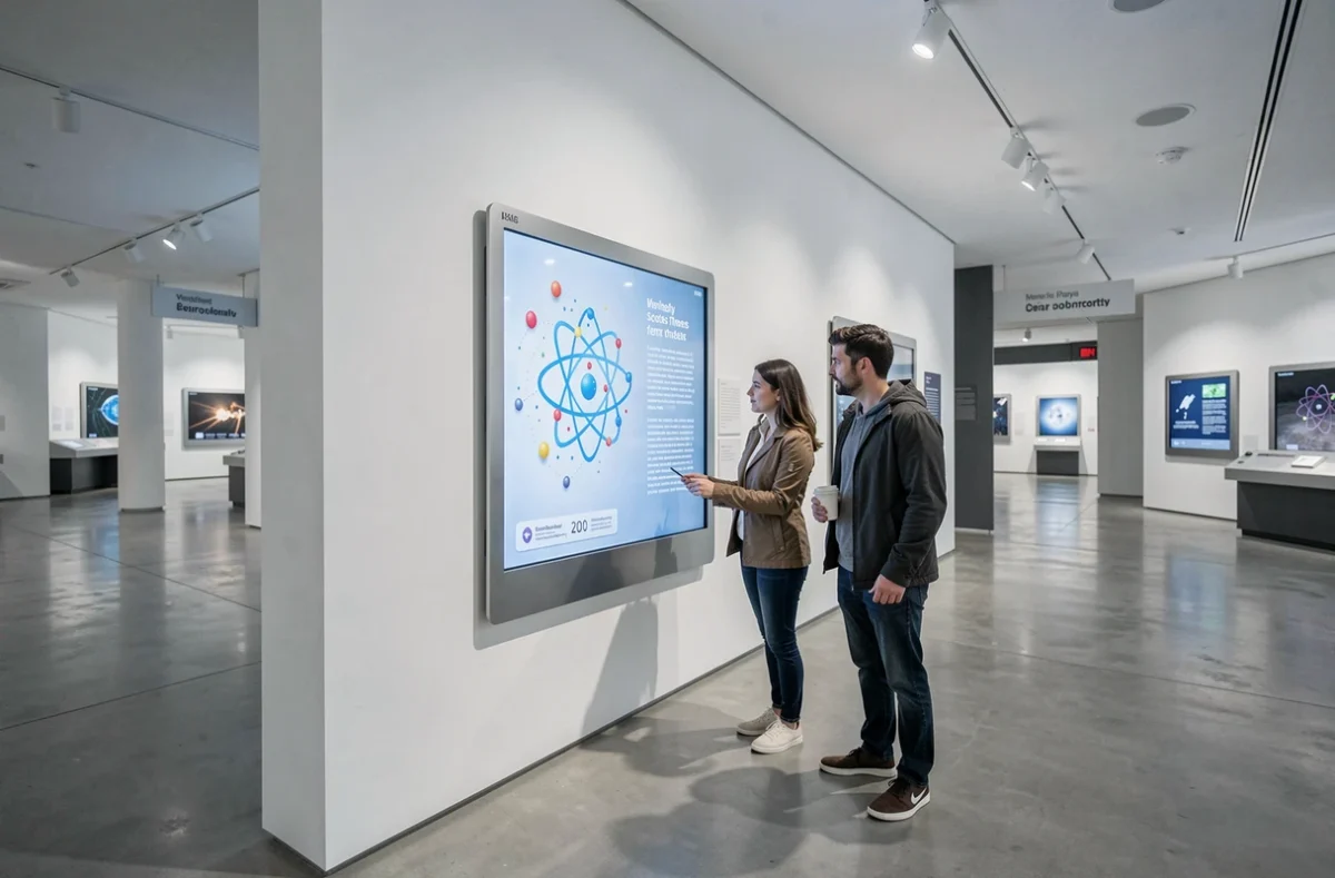 Deux visiteurs adultes observant un panneau interactif sur les particules subatomiques dans une salle d'exposition de musée scientifique