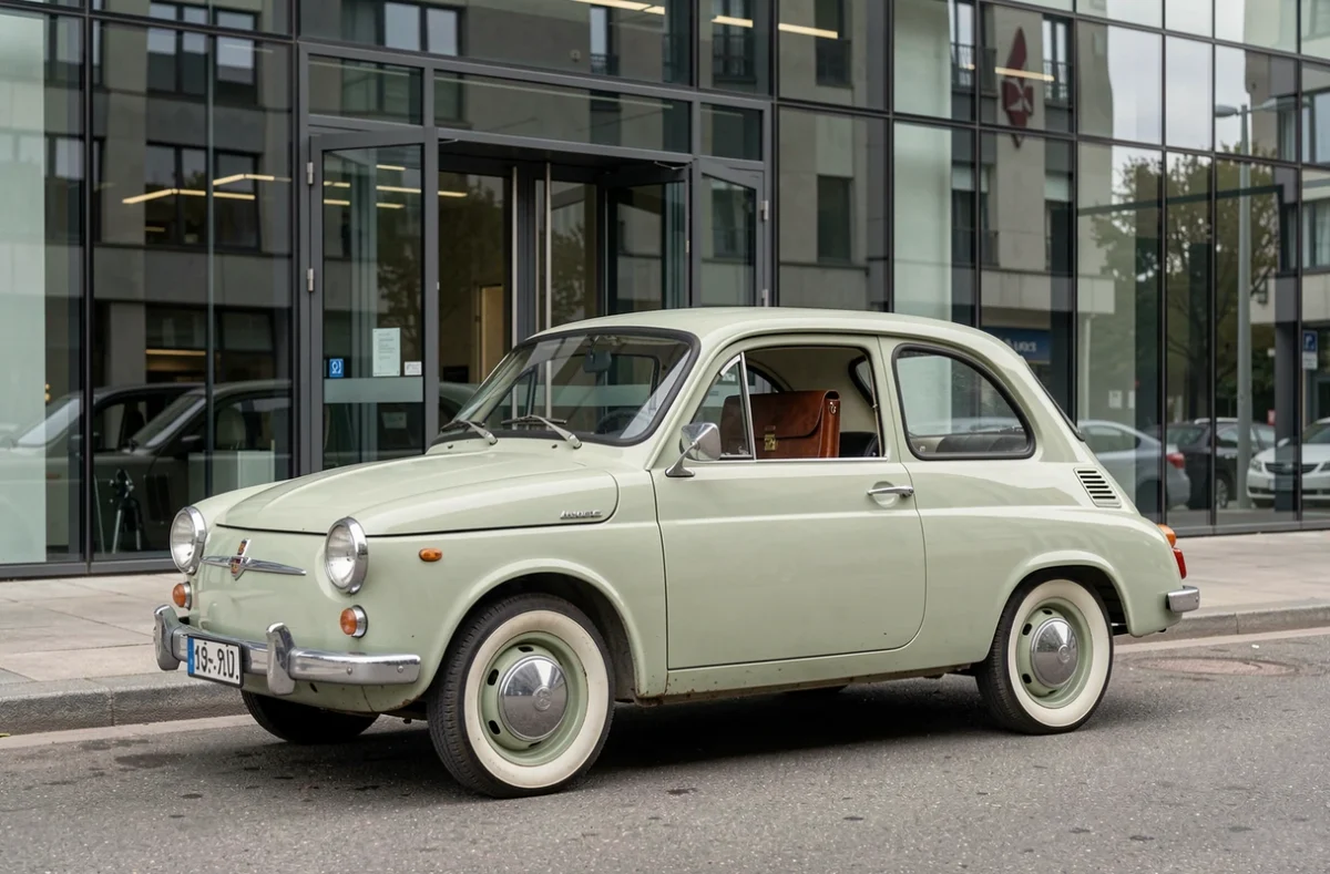 Voiture de collection des années 1950 garée devant un immeuble de bureaux moderne