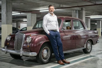 Homme d'affaires appuyé contre une voiture de collection dans un parking d'entreprise