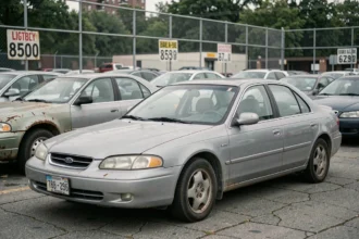 Lot de voitures d'occasion avec véhicules rouillés et peinture ternie sur un parking extérieur