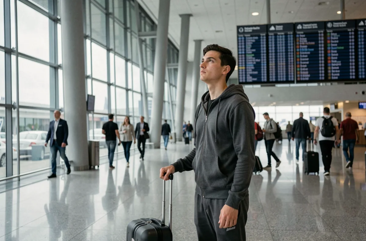 Jeune voyageur seul dans un terminal d'aéroport international regardant les tableaux des départs