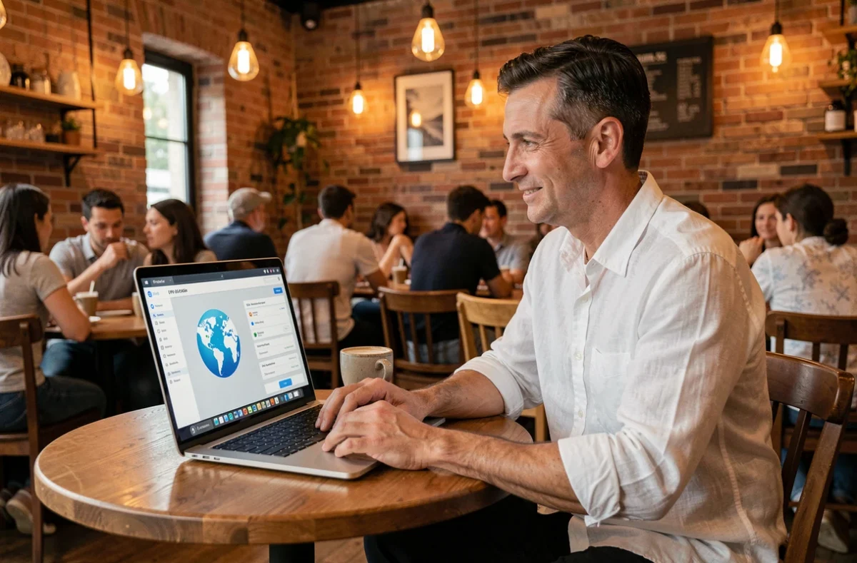 Homme utilisant un VPN dans un café public pour sélectionner le pays de connexion sur son ordinateur portable