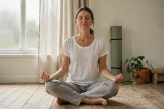 Femme pratiquant la méditation en position assise lors d'une séance de yoga pour apaiser la dépression