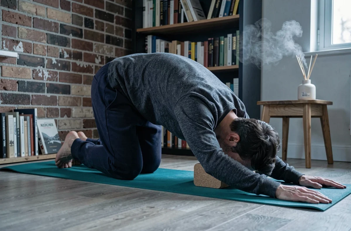 Homme en posture de l'enfant sur un tapis de yoga dans un appartement urbain symbolisant la gestion de la dépression par le yoga
